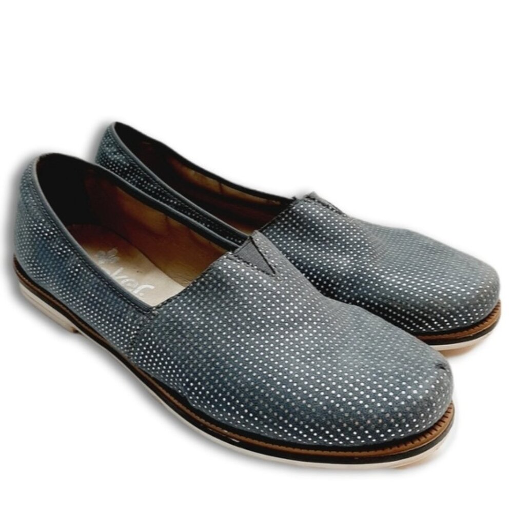 RIEKER \ Antistress Slip-On Micro Dot Pattern Comfort Shoe Blue Silver 8.5 / 40